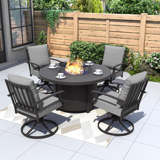Kurapika 5 Piece Metal Outdoor Patio Furniture Set with Round Fire Pit Table, Patio Conversation Sets 4 Swivel Chairs with Thick Cushion and 40000 BTU Fire Pit Table, Gray