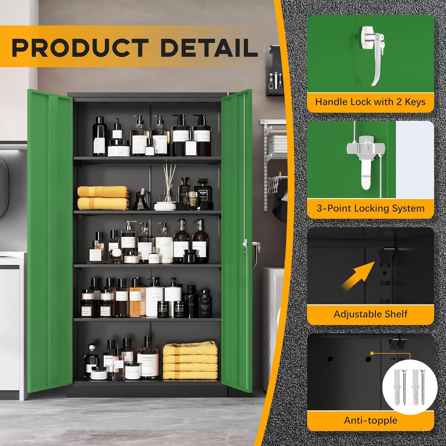 Greenvelly Metal Garage Storage Cabinet with 2 Doors and 4 Adjustable Shelves, 72" HLockable Storage Cabinet,Tall Metal Cabinet Locking File Cabinet for Office,Home, Garage, Gym, School