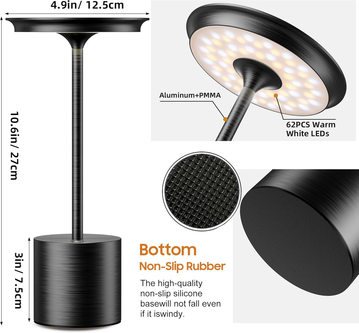 Cordless Table Lamp, Portable Rechargeable 6000mAh Outdoor Table Lamp, 3 Color Stepless Dimming Battery Powered Lamp, LED Table Light for Dinner/Restaurant/Outdoor (2Pack Black)