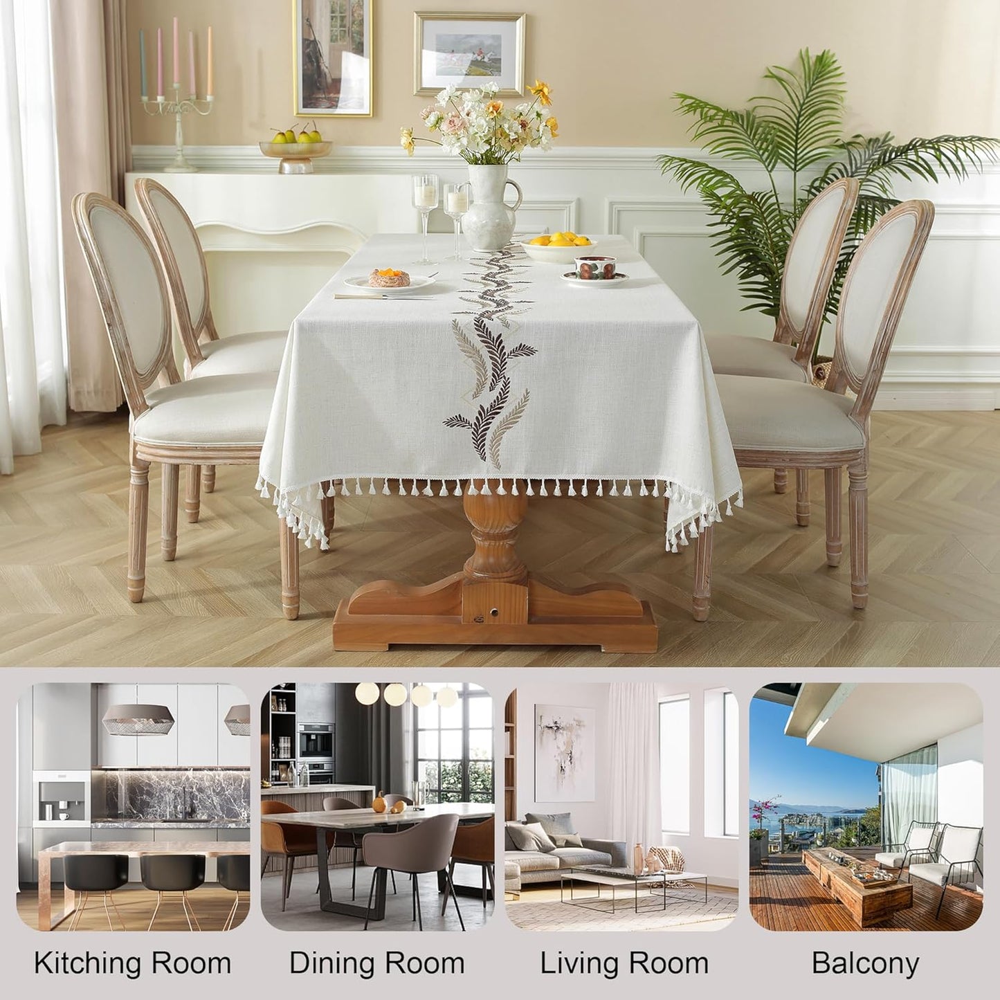 JIALE Tablecloths for Rectangle Tables, Cotton Linen Table Cloth Waterproof Tablecloth Wrinkle Free Farmhouse Dining Tables Cover, Soft Fabric Table Cloths with Tassels, Beige, 55" X 70", 4-6 Seats