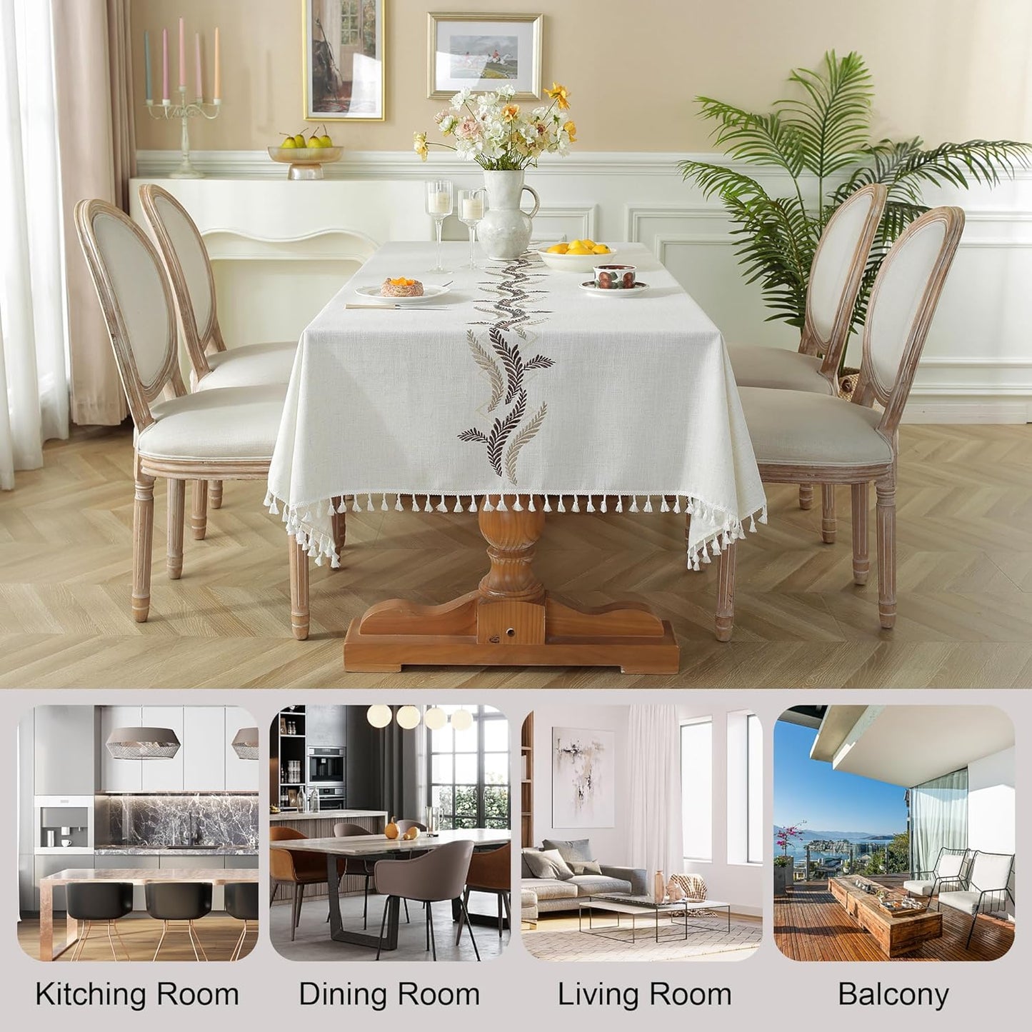 JIALE Tablecloths for Rectangle Tables, Cotton Linen Table Cloth Waterproof Tablecloth Wrinkle Free Farmhouse Dining Tables Cover, Soft Fabric Table Cloths with Tassels, Beige, 55" X 55", 2-4 Seats