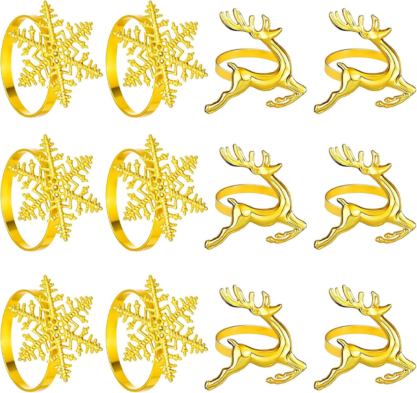 Christmas Napkin Rings Set of 12, Snowflake and Reindeer Xmas Napkin Holder Rings, Gold Winter Decorations Napkin Rings for Christmas Holiday Party, Dinner Table Setting, Wedding Adornment