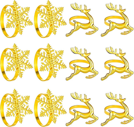 Christmas Napkin Rings Set of 12, Snowflake and Reindeer Xmas Napkin Holder Rings, Gold Winter Decorations Napkin Rings for Christmas Holiday Party, Dinner Table Setting, Wedding Adornment
