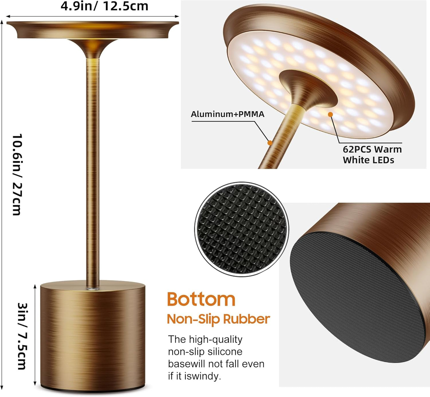 Cordless Table Lamp,Rechargeable 6000mAh Battery Operated Portable Light, 3 Color Stepless Dimmable Battery Table Lamps, LED Table Light for/Restaurant/Outdoor/Patio(Bronze)