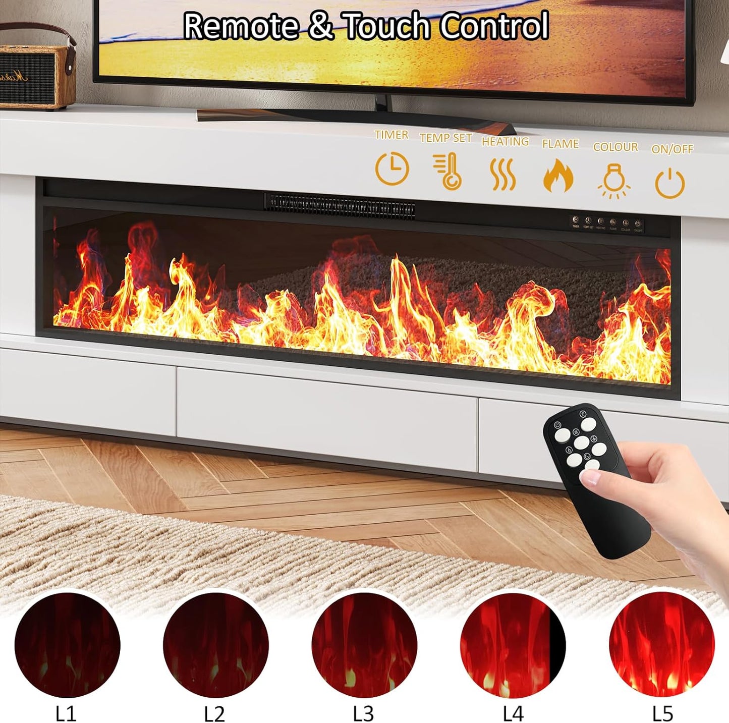 66.2" Fireplace TV Stand with 47" Electric Fireplace, Heated Entertainment Center with Fireplace & 3 Drawers, Modern Wood TV Console with 12 Electronic Flame Colors for Living Room, White