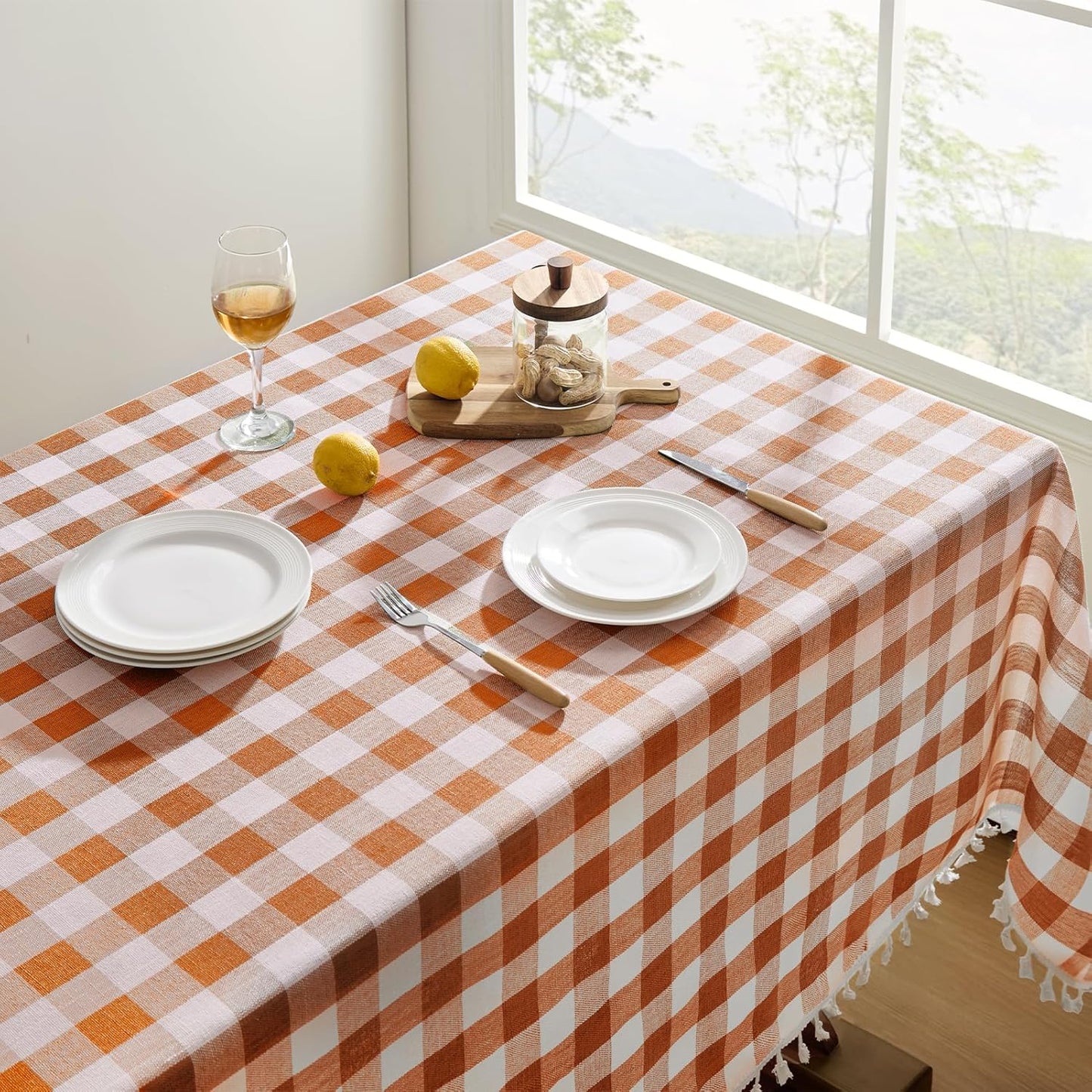 Softalker Fall Checkered Tablecloth Rectangle, Heavy Weight Linen Gingham Thanksgiving Orange Table Cloth with Tassel, Wrinkle Free Buffalo Plaid Table Cover for Dining/Party- 55 x 120 Inch
