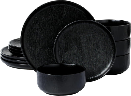 Joseph Sedgh Collection “Ari" 12-piece Stoneware Dinnerware Set with Protective Glaze Finish, Service for 4, Matt Black