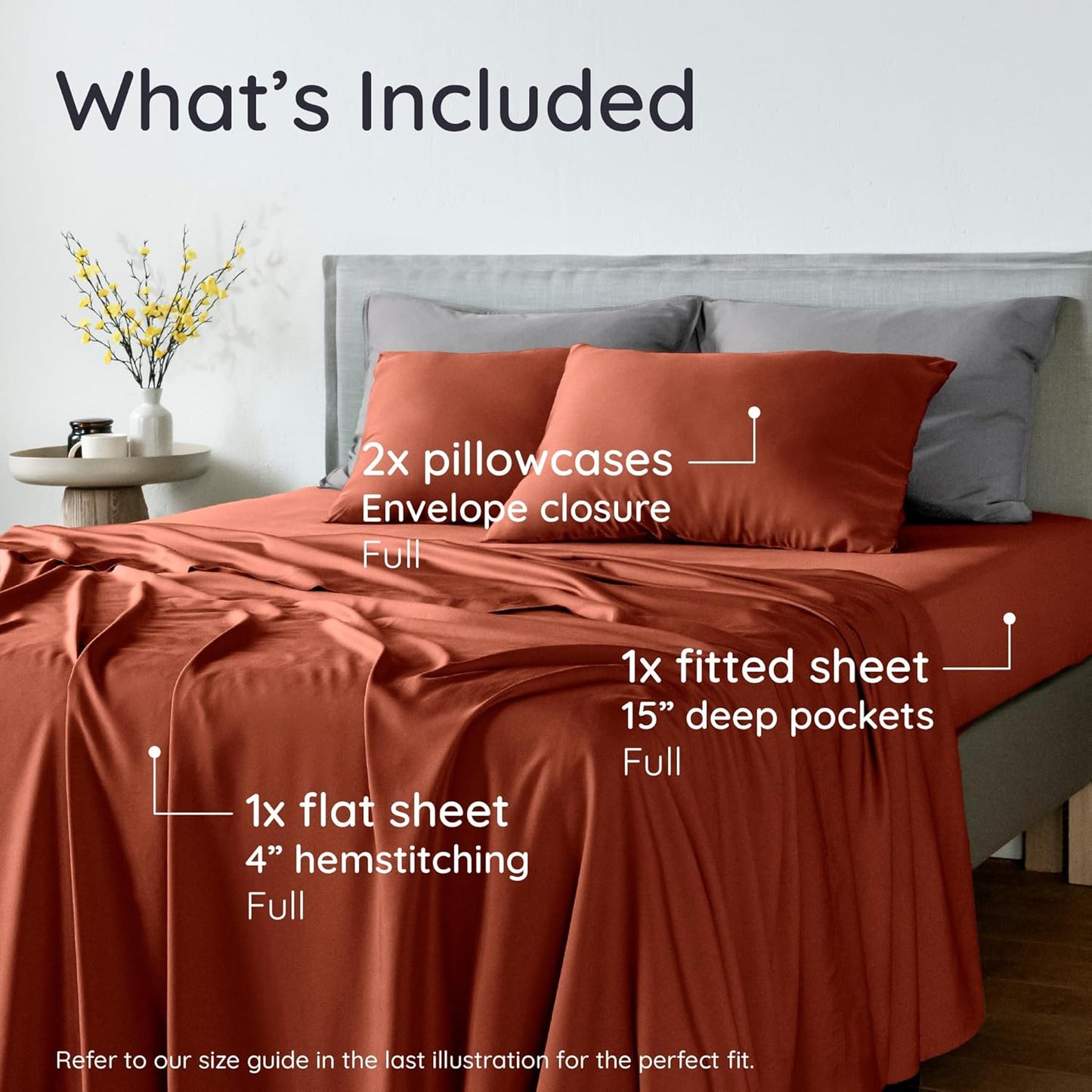 Bambaw 100% Viscose Derived from Bamboo Sheets Full Size Set – 4pcs Set of Full Size Bed Sheets Cooling and Soft, with Elastic Corner Straps, Bedding for Night Sweats (Terracotta)