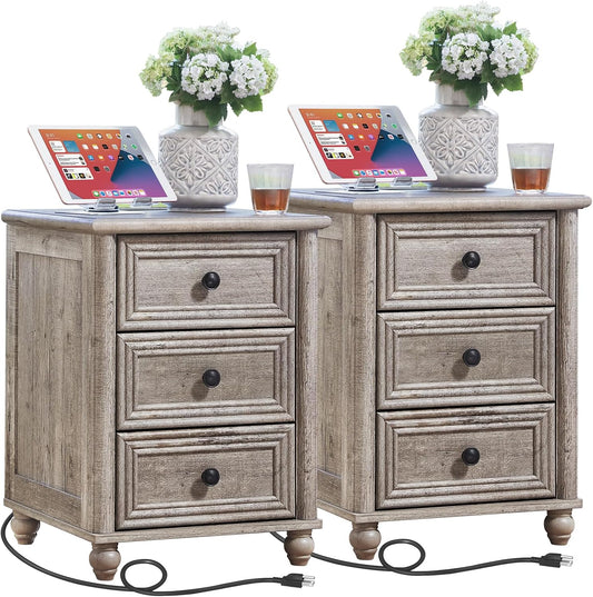 18" Farmhouse Nightstand Set 2 with Charging Station and USB Port, Grey Night Stand with 3 Drawers, Wood Bedside End Table with Storage, Bed Side Tables for Bedroom Living Room and Closet