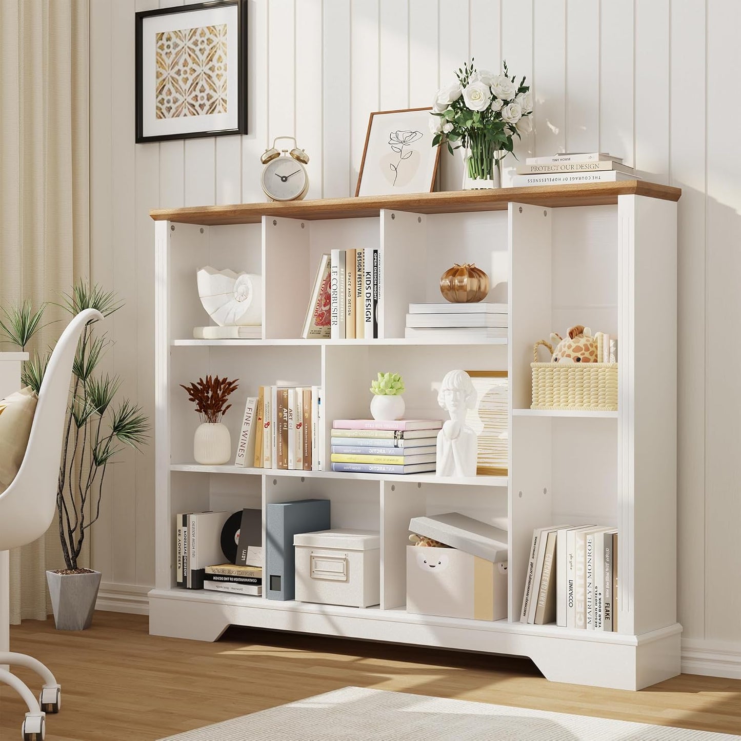 10-Cube Storage Organizer with Adjustable Shelf, Farmhouse Cube Bookcase with Fluted Front Trim for Living Room, Bedroom & Home Office – White