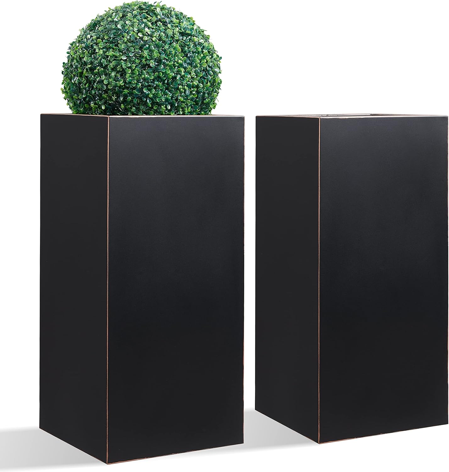 Wallowa Metallic Heavy Planter for Outdoor Plants, 14Lx14Wx30H Inches, Tall Metal Planter Box with Hand Brushed Gold Edge for Outside & Indoor, 25 Pounds, No Assembly and Seamless, Set of 2 (Black)