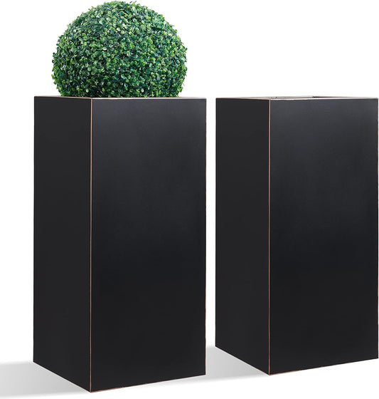 Wallowa Metallic Heavy Planter for Outdoor Plants, 14Lx14Wx30H Inches, Tall Metal Planter Box with Hand Brushed Gold Edge for Outside & Indoor, 25 Pounds, No Assembly and Seamless, Set of 2 (Black)