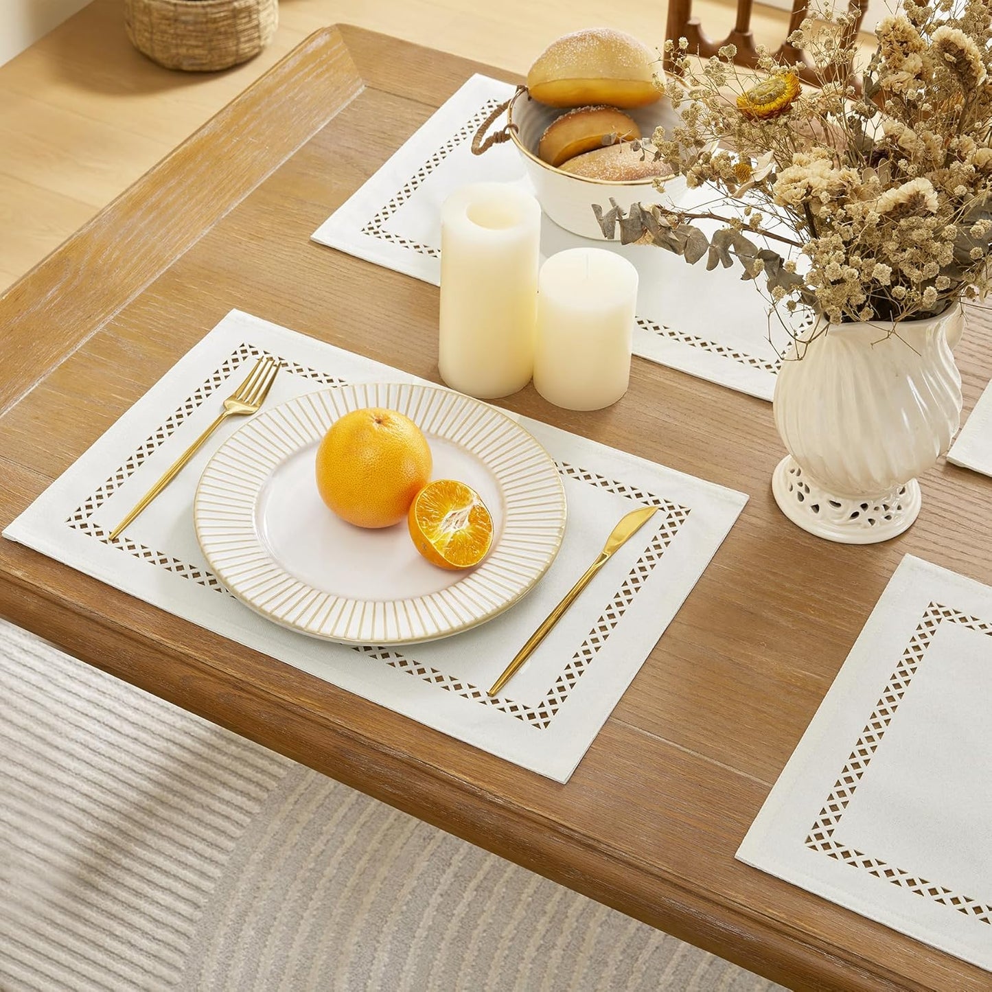 Burlap Placemats Set of 6, 12 x 18 Inch Rustic Geometric Hollow Place Mats, Heat Resistant Placemats for Farmhouse Kitchen Table Decor, Off White 6PCS