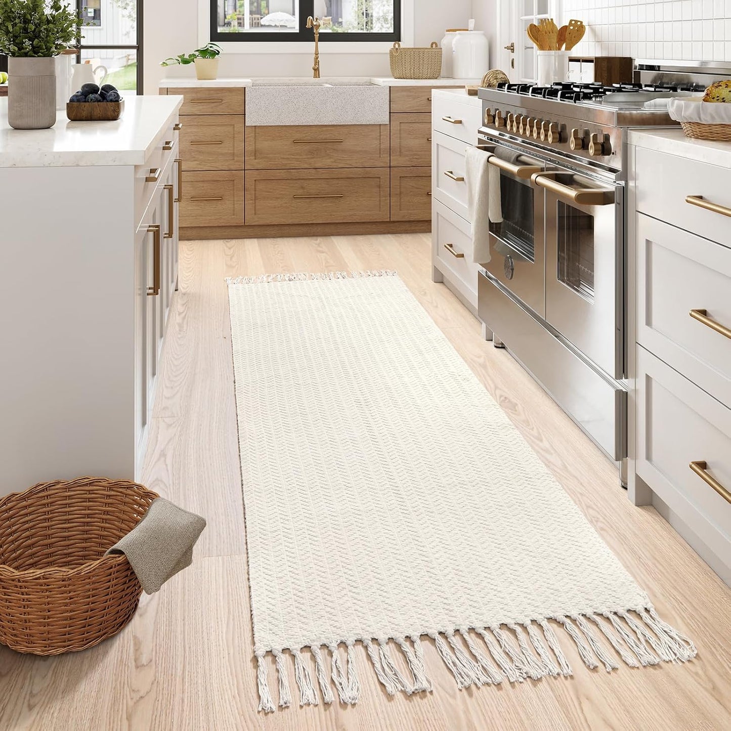 Lahome Boho Kitchen Runner, 2x6 Laundry Room Rug Lightweight Runners for Hallways Washable Runner Rug with Tassels, Farmhouse Cotton Beige Throw Rugs Non Shedding Carpet for Entryway Bathroom