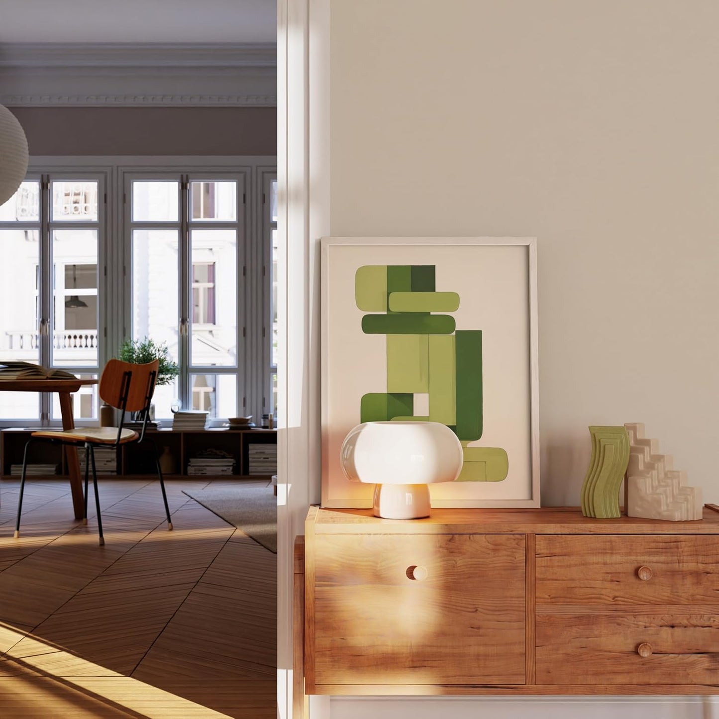 HAUS AND HUES Modern Abstract Wall Art - Blue and Green Living Room Art, Modern Artwork for Walls, Minimalist Picture for Living Room(Green Geometric, White Frame, 16x20)