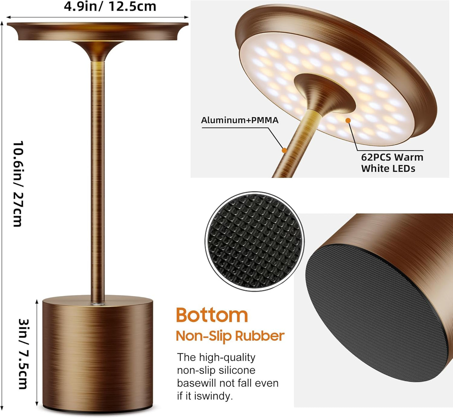Cordless Table Lamp, Portable Rechargeable 6000mAh Outdoor Table Lamp, 3 Color Stepless Dimming Battery Powered Lamp, LED Table Light for Dinner/Restaurant/Outdoor (Brown)