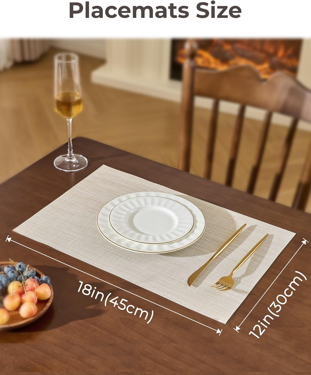 Leetaltree Beige White Placemats Set of 6 - Heat Resistant Non-Slip Place mats for Dining Table, Washable Durable PVC Vinyl Woven Table Mats（Beige White, 6）