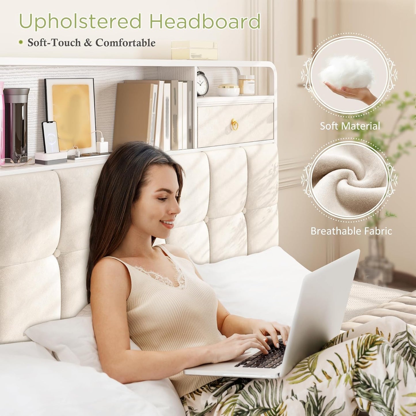 EnHomee King Size Bed Frame with Upholstered Headboard and 6 Storage Drawers,King Bed Frame with LED Lights and Charging Station,no Box Spring Needed,No Noise, Easy Assembly,Velvet,Sturdy,Soft,Beige