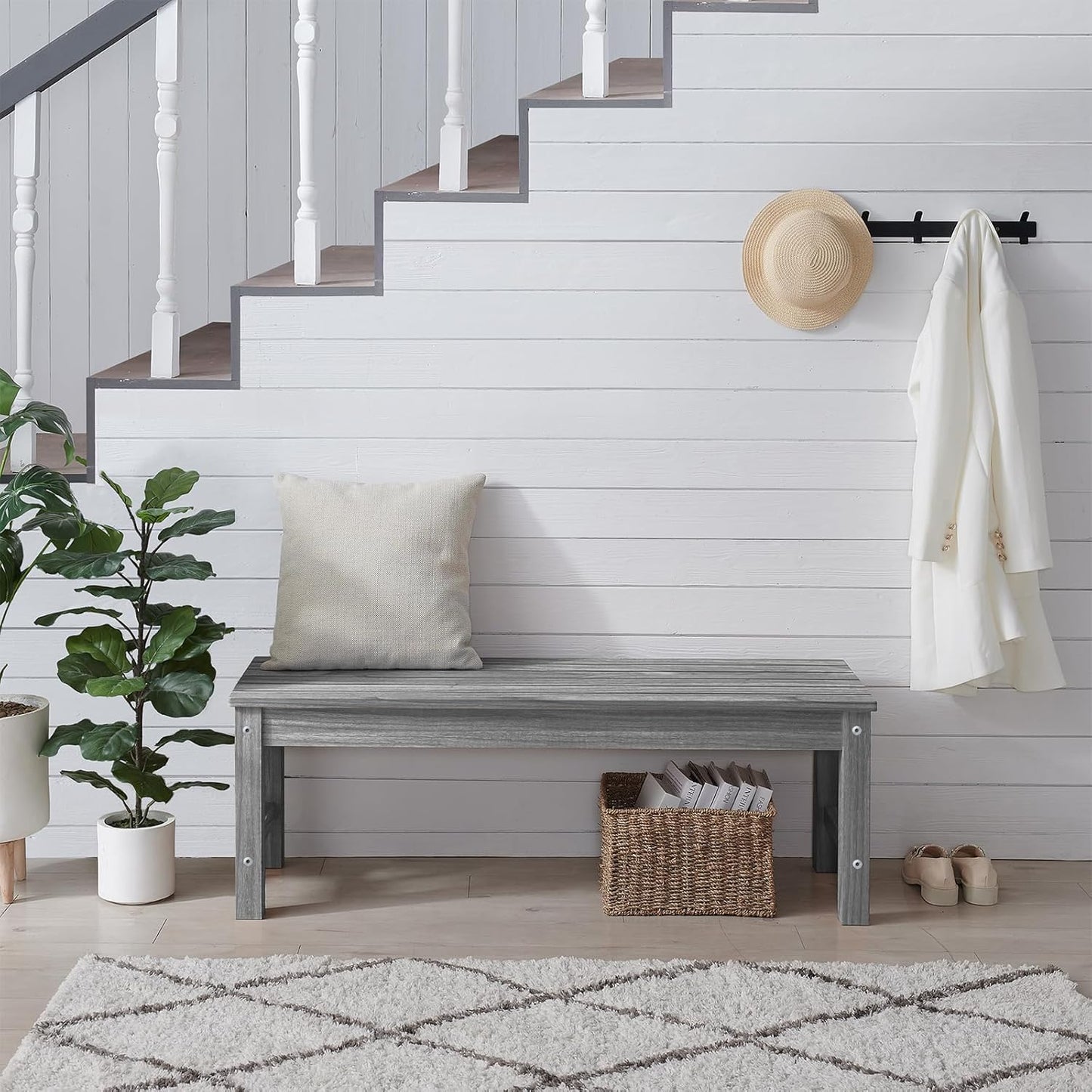 Psilvam 2-Person Outdoor Poly Lumber Patio Backless Bench, Fade-Resistant & Odor-Free Poly Lumber Patio Furniture, Weatherproof, Suitable for Garden, Porch and Park, 700 Lbs Support (1, Light Gray)