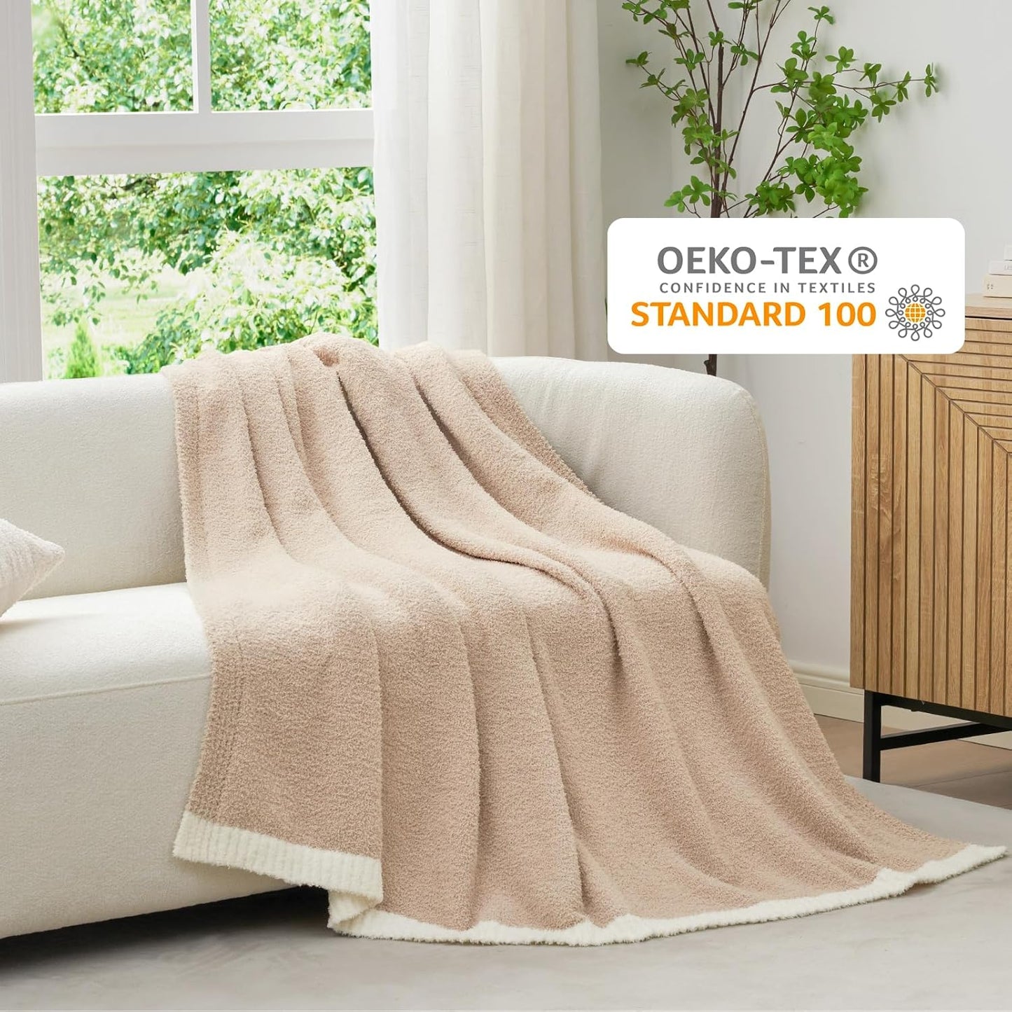 Snuggle Sac Ultra Soft Throw Blanket for Couch Bed Sofa 50x60 inches, Reversible Beige Blanket Microfiber Fluffy Fuzzy Cozy Knit Throws for Women Mothers Birthday Gifts