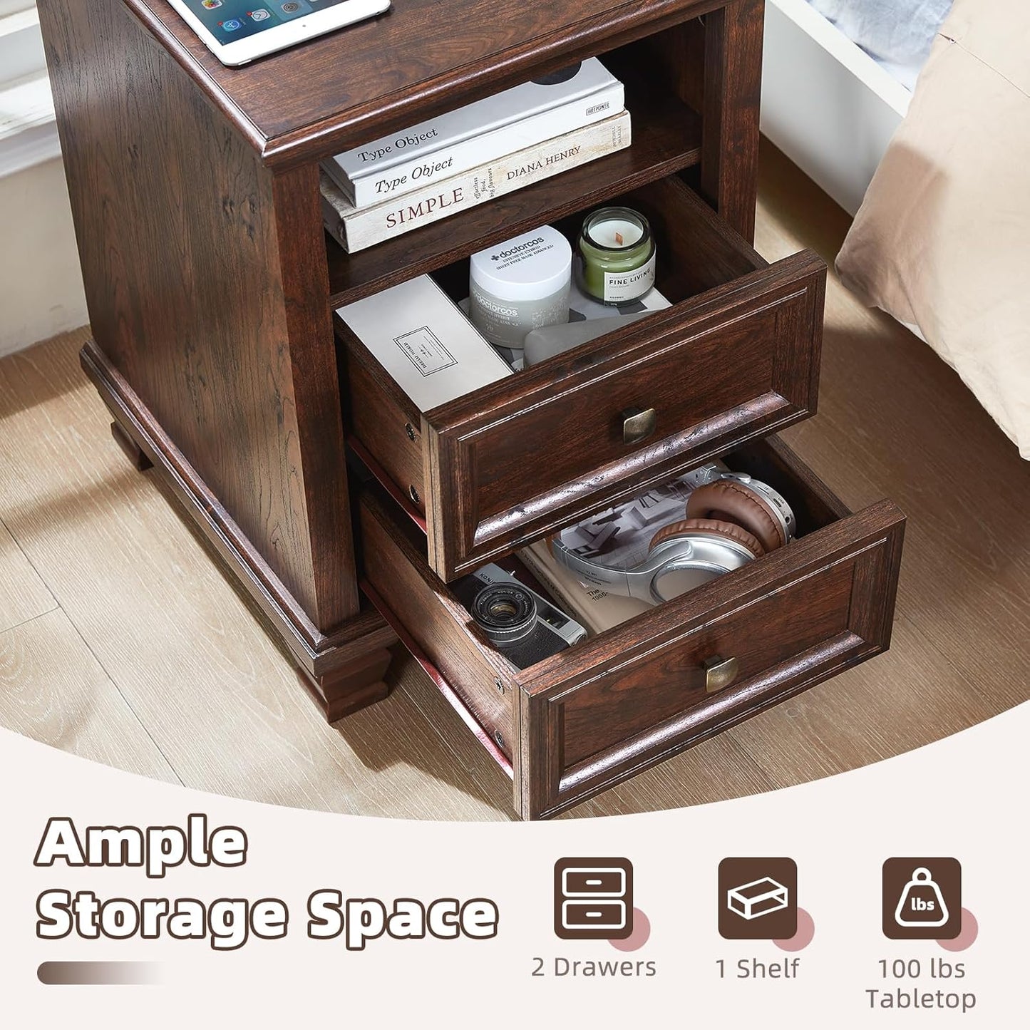 Farmhouse Nightstand with Charging Station, Rustic Brown Nightstand,2 Drawers End Table for Living Room,Bedside Table with Open Shelf for Bed Room,Walnut