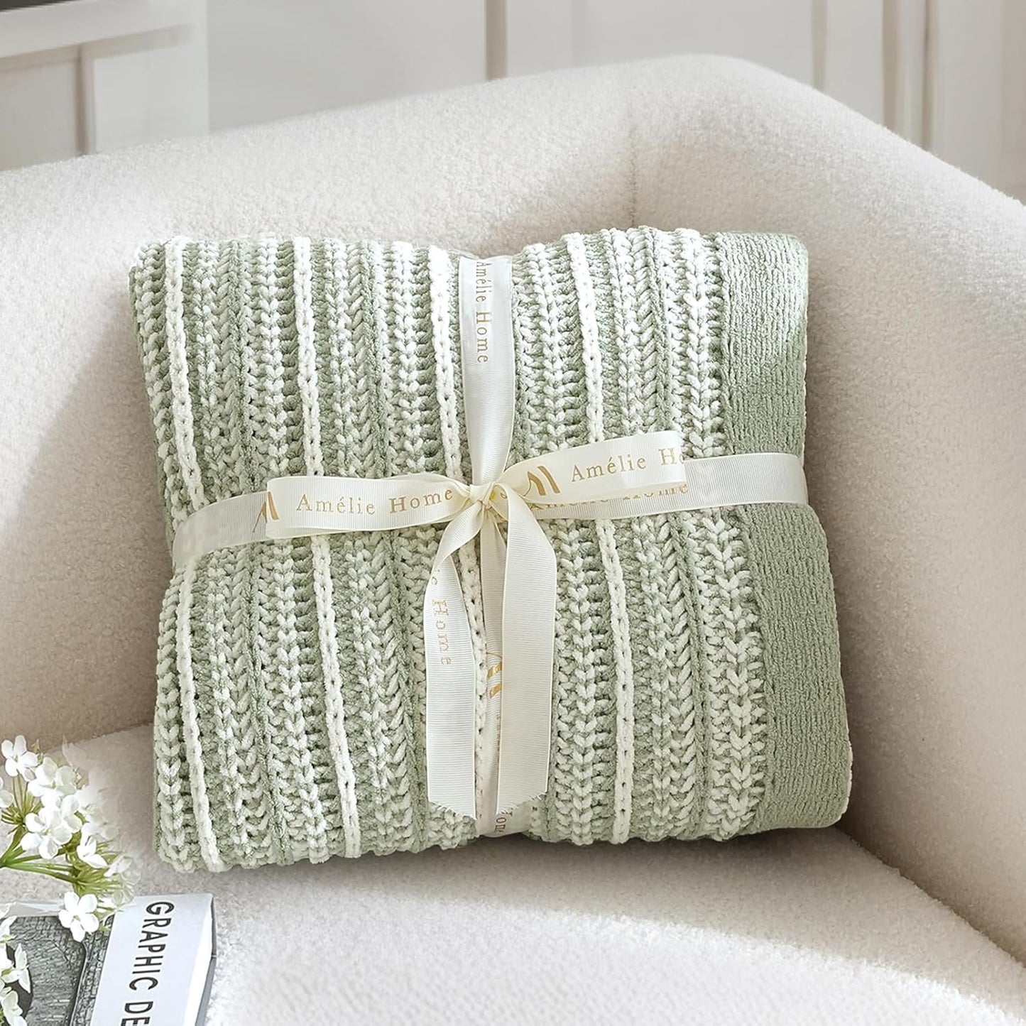 Amélie Home Striped Knit Throw Blanket for Couch, Dual-Sided Soft Chenille Decorative Blankets for Sofa & Chair, 50"x60", Sage Green & White