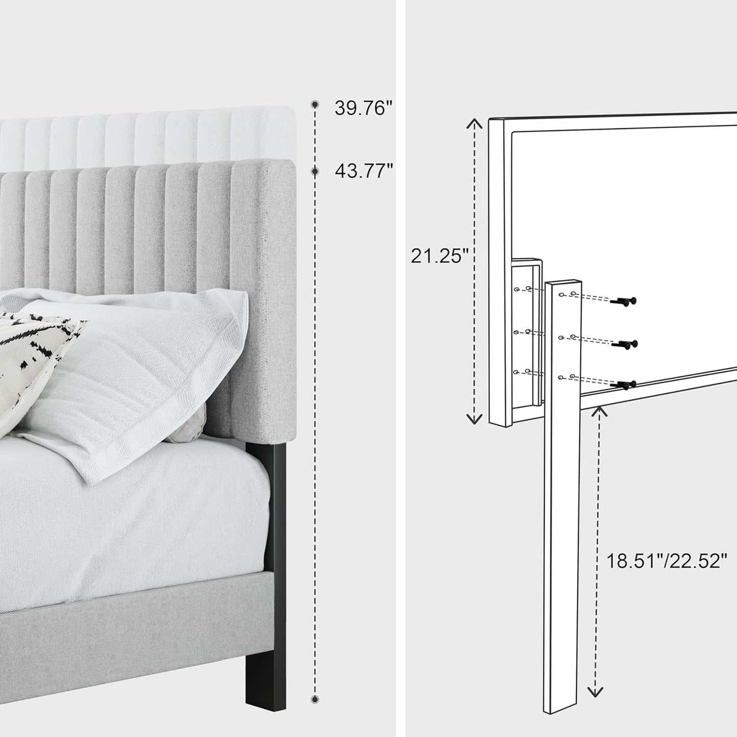 Twin Size Bed Frame with Adjustable Tufted Headboard – Linen Upholstered Platform Bed, Sturdy Frame & Slats, No Box Spring Needed, Noise-Free, Easy Assembly (Gray, Twin)