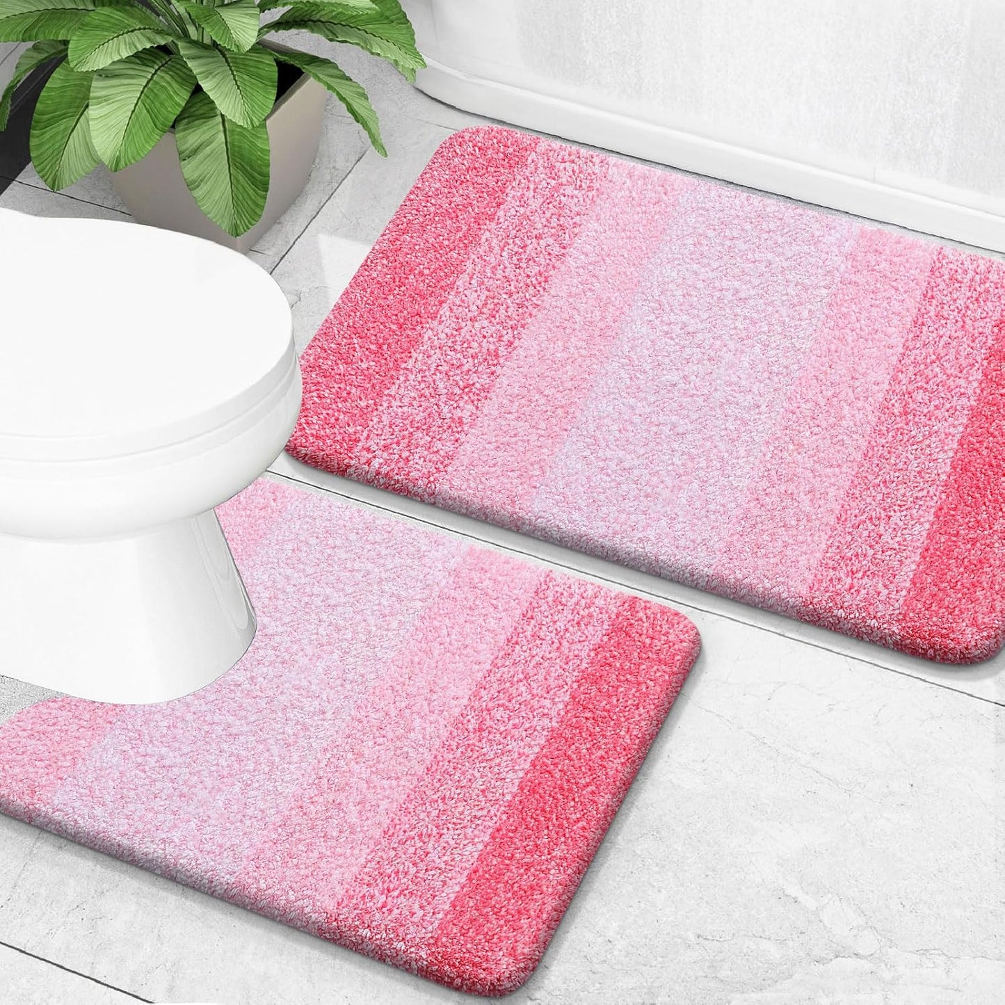 OLANLY Bathroom Rug Set 2 Piece, Soft Absorbent Microfiber Bath Mats and U-Shaped Contour Toilet Rug, Non-Slip, Machine Wash Dry, Plush Shaggy Bath Mats for Bathroom (24"x16"+24"x20", Pink)