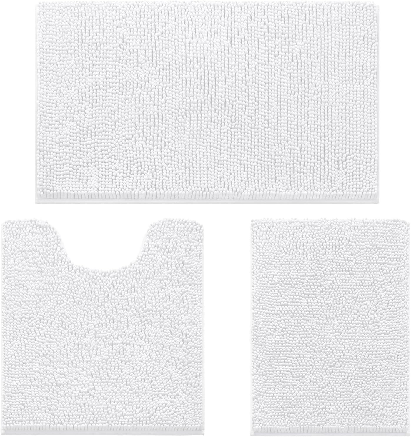HOMEIDEAS 3 Pieces Bathroom Rugs, Ultra Soft Non Slip Absorbent Chenille Toilet Bath Mat Set (White,17"x24"+20"x32"+U Shape 20"x24")