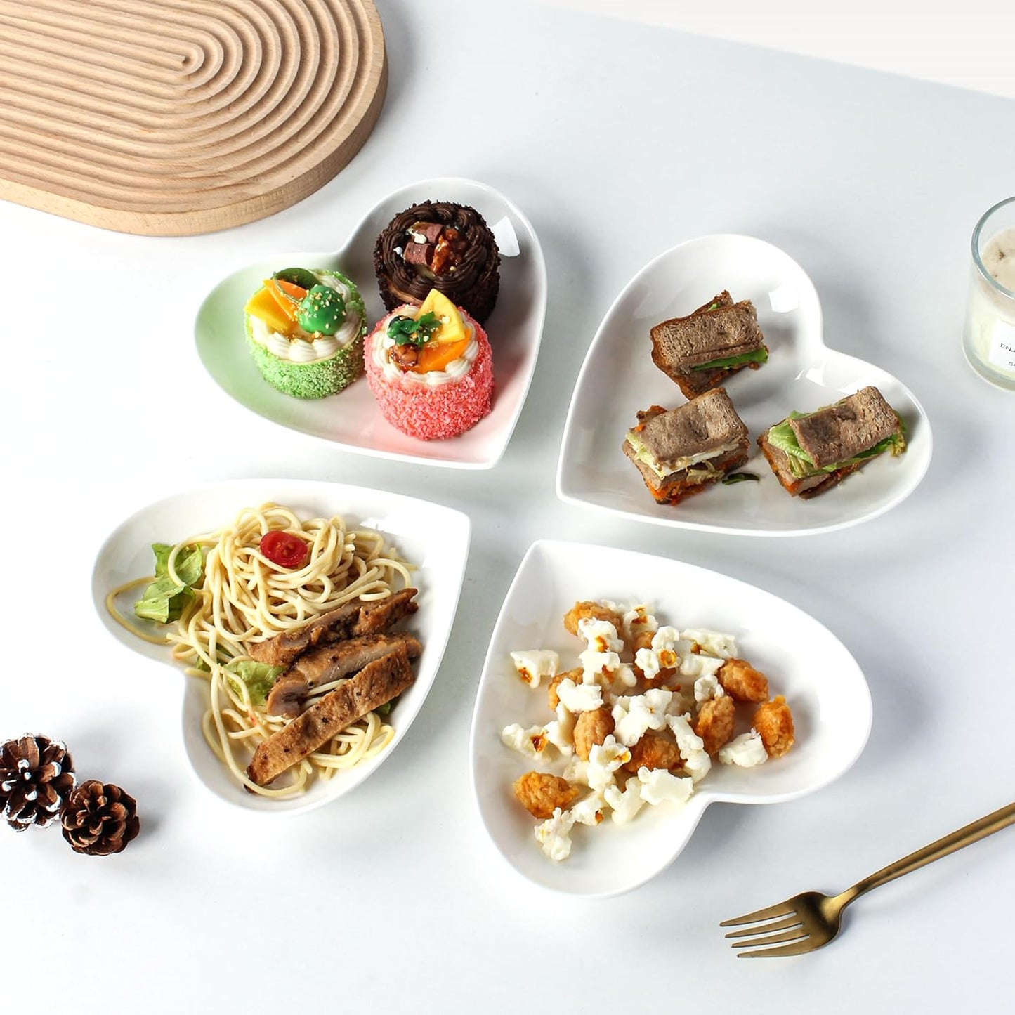 10 Pack Ceramic Appetizer & Dessert Plates, 7.5 Inch White Heart Shape Plates for Elegant Dessert Display, Lightweight Small Lunch Plate, Oven, Dishwasher & Microwave Safe