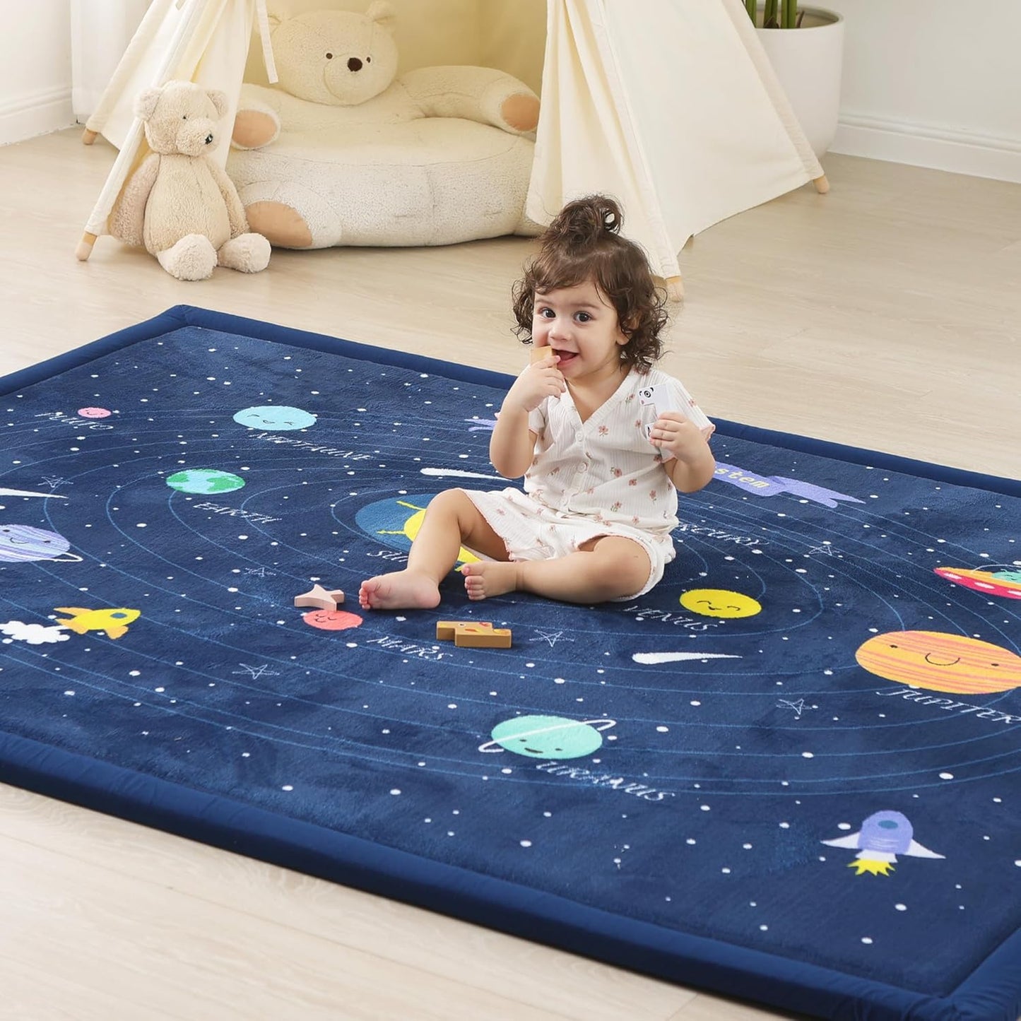 1.3" Thick Educational Baby Floor Play Mat 79x158, Basic Padded Memory Foam Kids Mat, Extra Large Non-Slip Plush Playmat for Nursery Playroom Classroom (Planet)