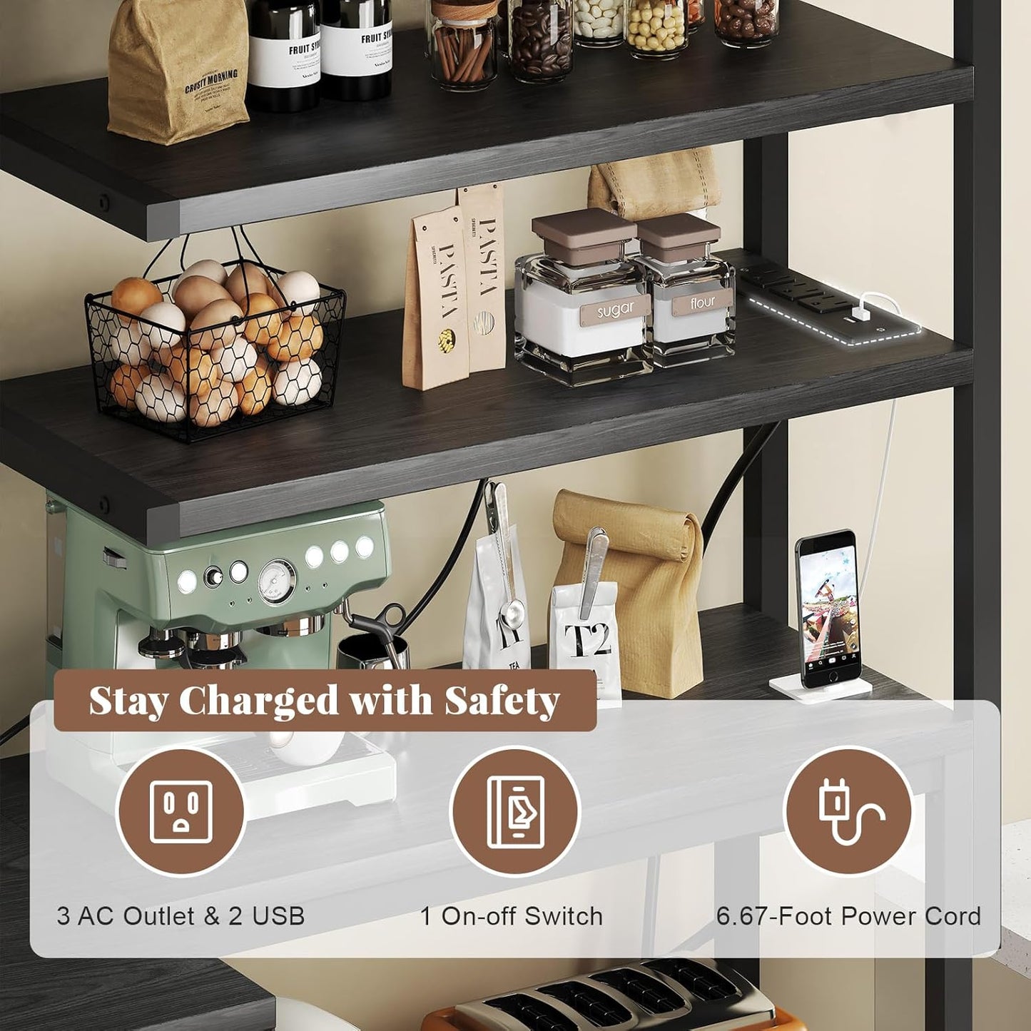 L-Shaped Bakers Rack with Power Outlet, 6-Tier Microwave Stand with Open Storage, Coffee Bar with Hooks, Mesh Grid, Kitchen Shelf with Wire Basket, Black