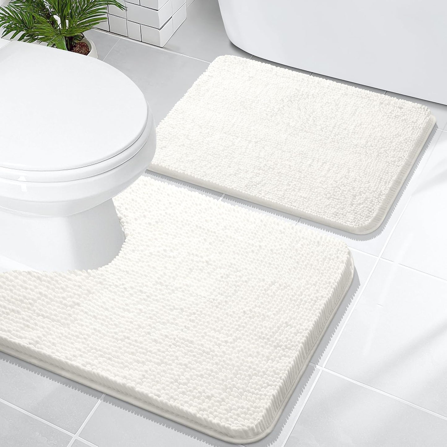 OLANLY Bathroom Rugs Sets 2 Piece, Soft Absorbent Chenille Bath Mats and U-Shaped Contour Toilet Mat Area Rug Set, Machine Washable Bath Carpet, Home Decor Accessories(24"x16"+24"x20", Ivory)
