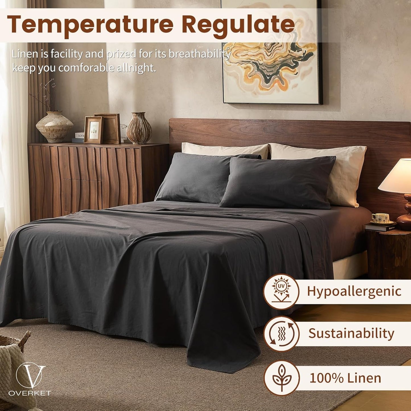 100% Linen Sheets California King Size,Breathable & Durable 4-Piece Bed Flax Sheet Set,Soft All-Season Bedding for Hot Sleepers 16" Deep Pocket Oeko-TEX Certified,（Cal King, Dark Grey）