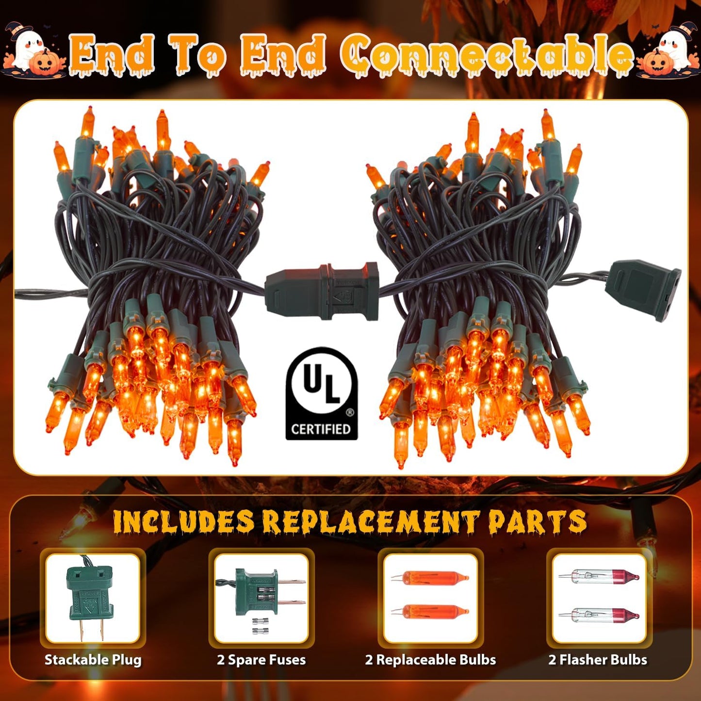 Orange Christmas Lights, 13FT 50 Count Incandescent Mini String Light with Green Wire, Waterproof Orange Christmas Tree Lights Plug in for Halloween Outdoor Indoor Patio Home Party Xmas Decor