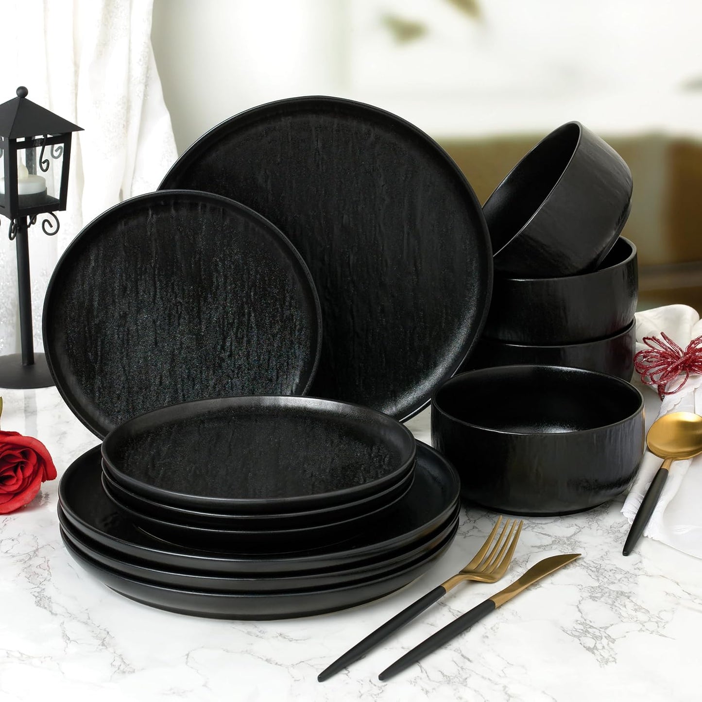 Joseph Sedgh Collection “Ari" 12-piece Stoneware Dinnerware Set with Protective Glaze Finish, Service for 4, Matt Black