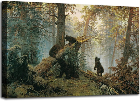 msspart Black Bears in Forest Large Painting Canvas Wall Art Decor, Ivan Shishkin Artwork Pictures Print for Living Room Bedroom Office Decoration 32"x48"