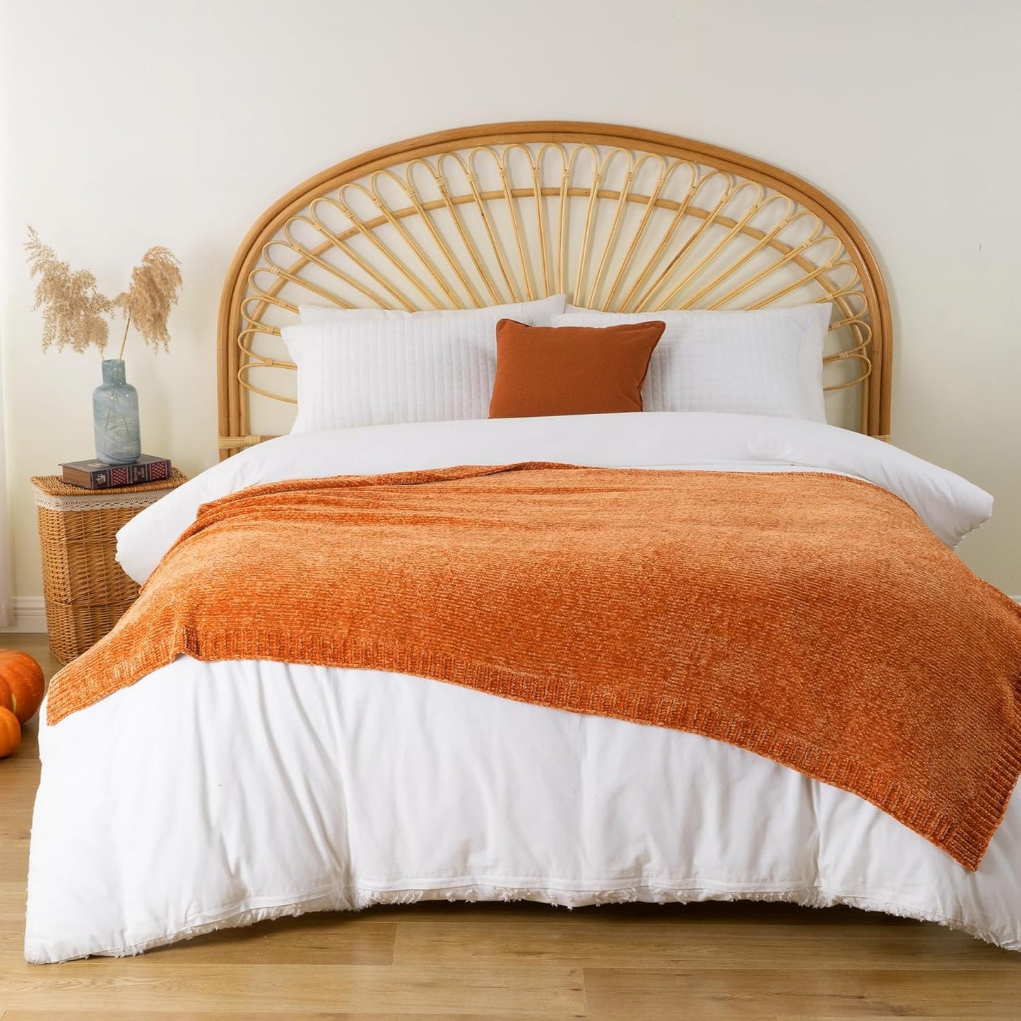 BATTILO HOME Orange Chenille Throw Blanket for Fall Decor, Fall Knit Throw Blankets, Soft Cozy Pumpkin Color Throw Blankets for All Seasons, 51"x67"