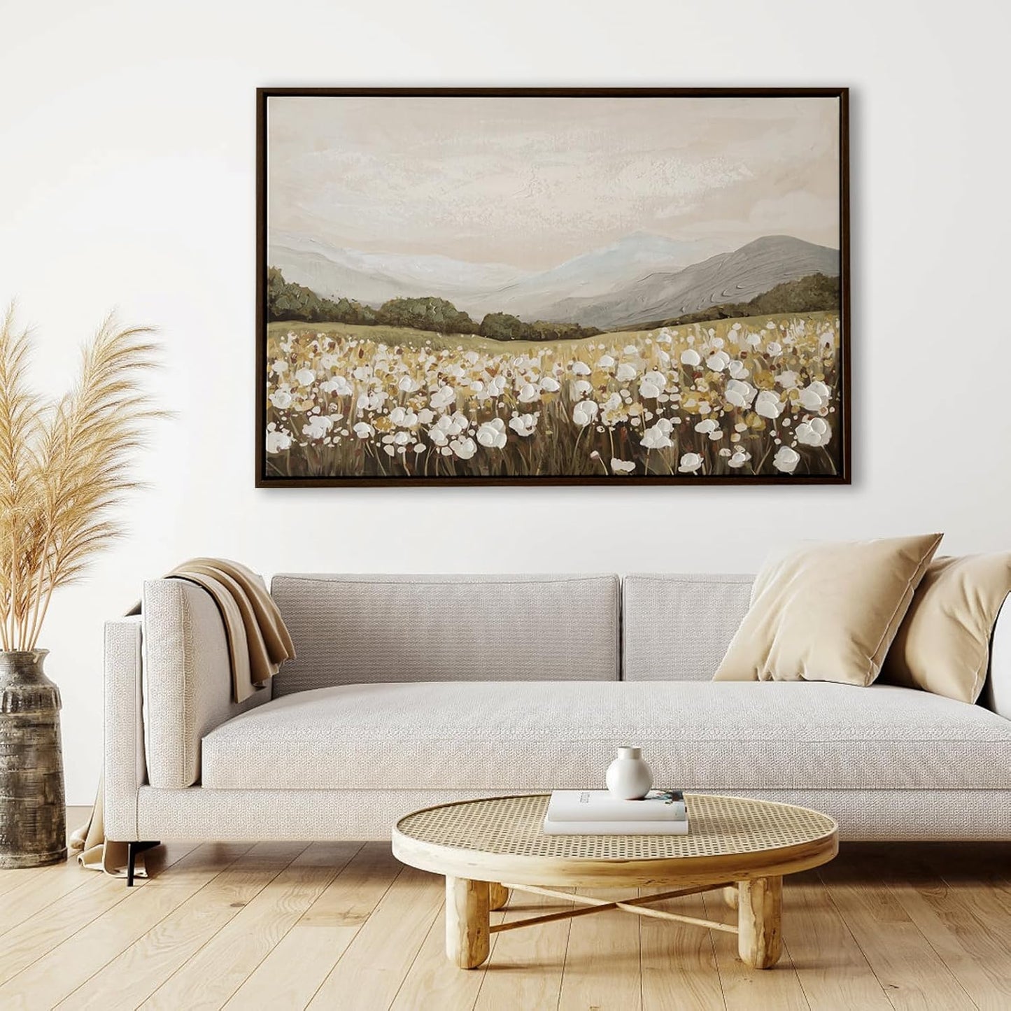 Framed Vintage Landscape Wall Art - Hand-Painted Wildflowers Field Canvas Classic Oil Painting, Meadow Full of Flowers Rustic Decor,Modern Farmhouse Wall Pictures Bedroom Kitchen Office Decor 24.5x17