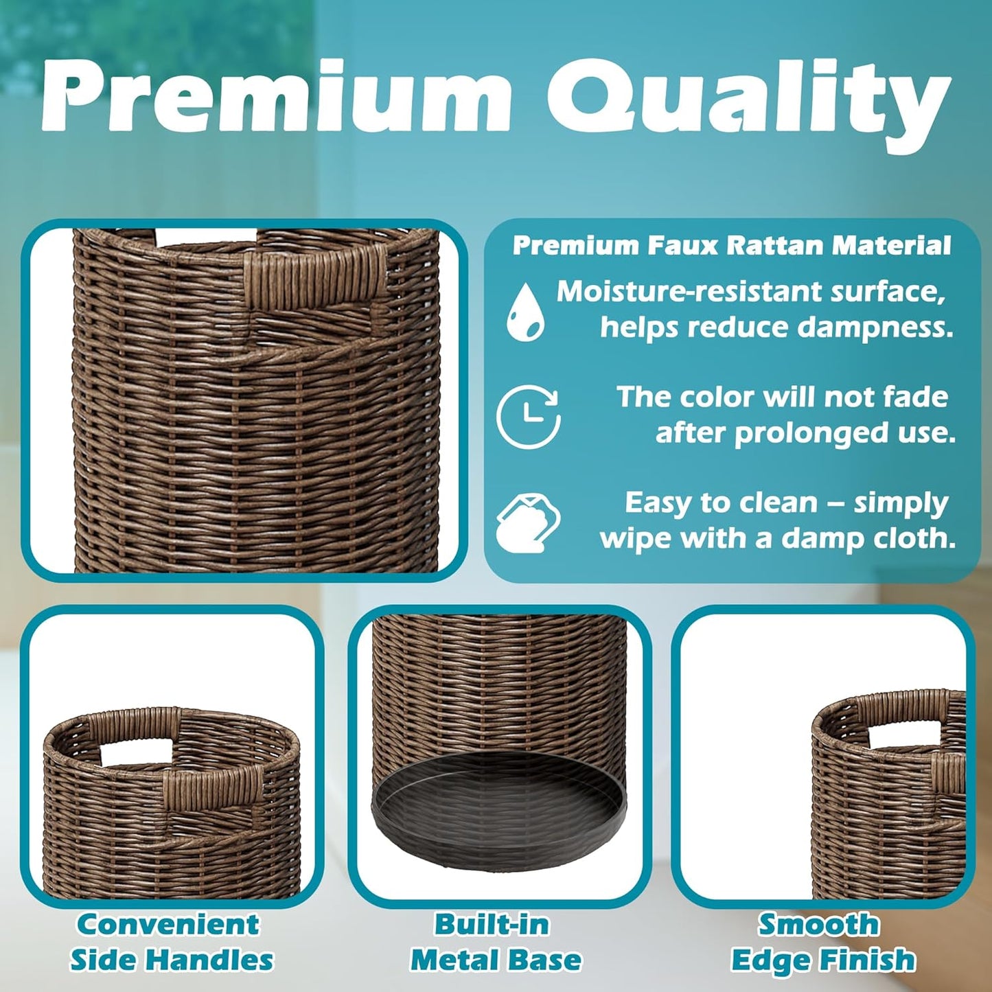 Rattan Umbrella Holder 20.8" H X 10" D,Handmade Wicker Umbrella Stand Indoor with Dip Tray,Sturdy Umbrella Holders for Entryway,Umbrella Bucket Fits Mudroom,Walking Canes,Home,Office (Brown)