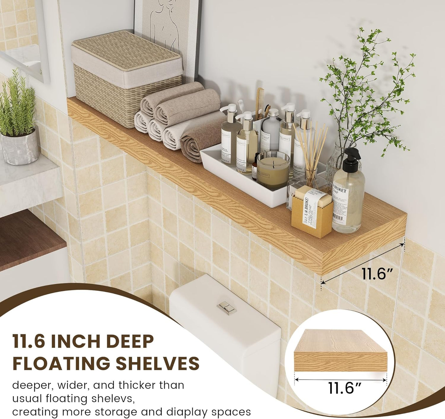 Deep Floating Shelves for Wall - 48 Inch Wide x 12 Inch Deep Oak Floating Shelves Set of 1 - Rustic Wide Wood Shelves for Living Room, Bathroom, Laundry Room, Bedroom, Kitchen, Home Office