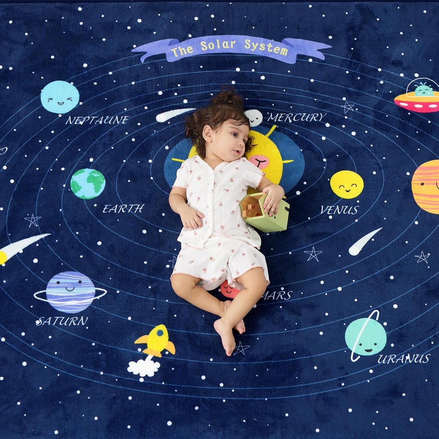 1.3" Thick Educational Baby Floor Play Mat 79x118, Basic Padded Memory Foam Kids Mat, Large Non-Slip Plush Playmat for Nursery Playroom Classroom (Planet)