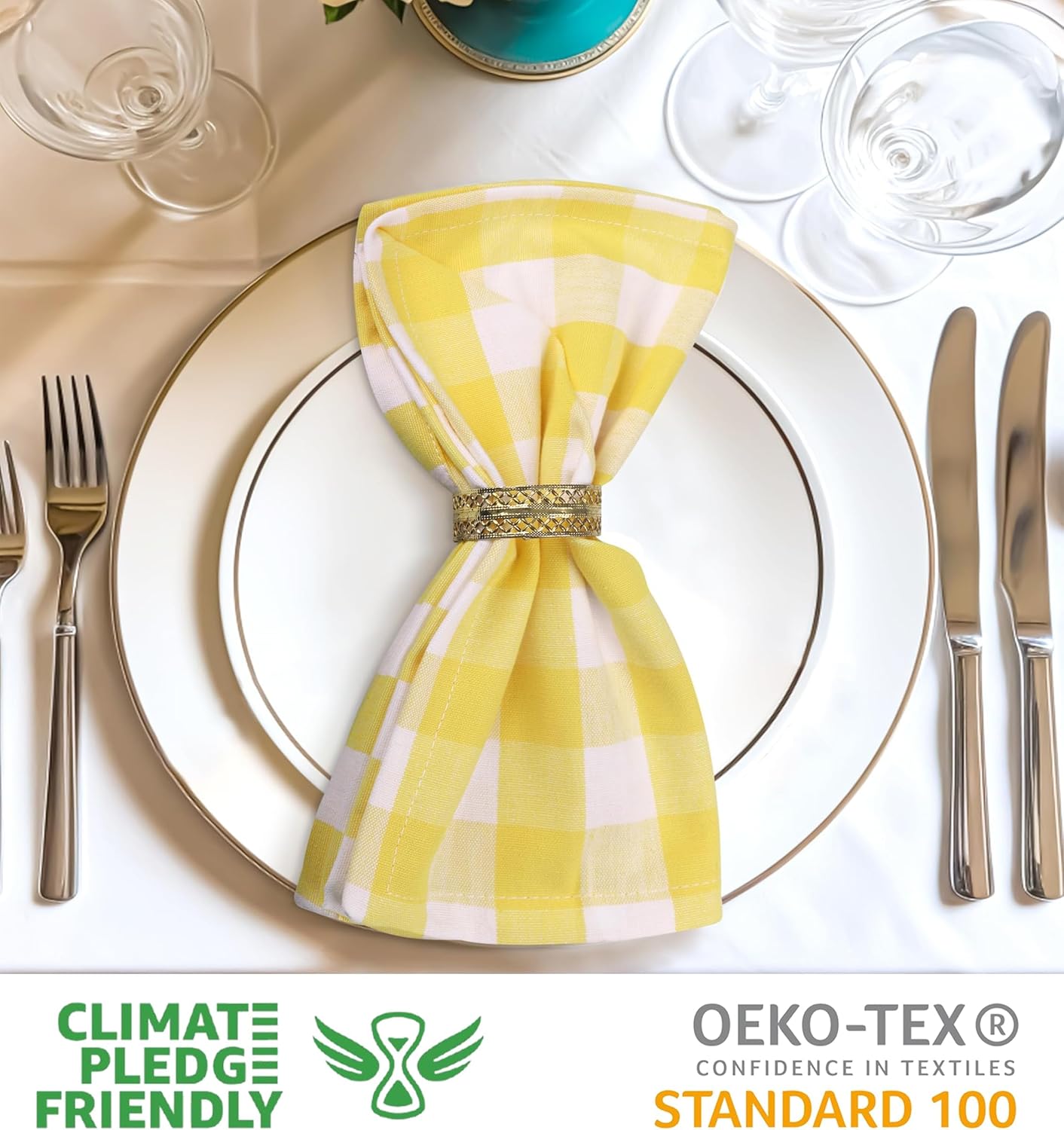Urban Villa Cotton Dinner Napkins Set of 6, Highly Absorbent 20x20 Inches Premium Cloth Napkins Hotel Quality Reusable & Washable Table Dinner Napkins for Home & Weddings - Yellow/White, Checks