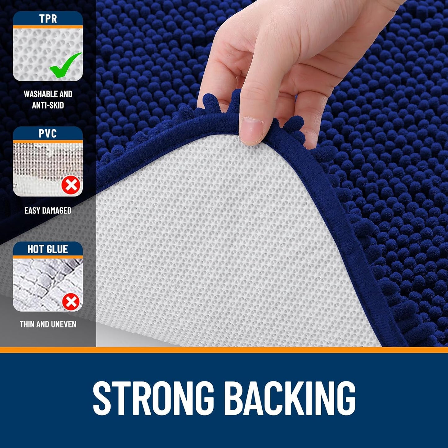 OLANLY Bathroom Rugs Sets 2 Piece, Soft Absorbent Chenille Bath Mats and U-Shaped Contour Toilet Mat Area Rug Set, Machine Washable Bath Carpet, Home Decor Accessories(30"x20"+24"x20", Navy)