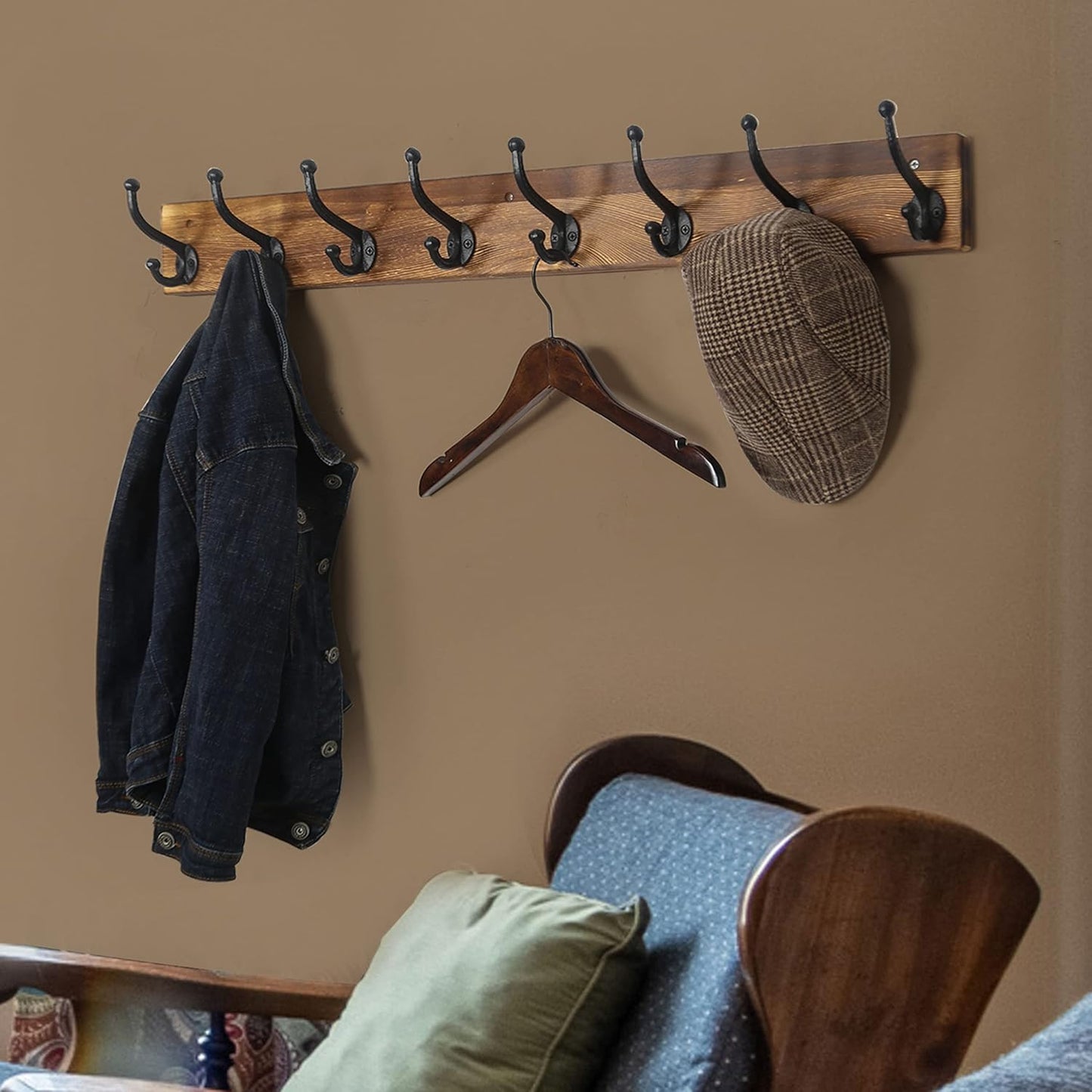 WEBI Rustic Coat Rack Wall Mount,35.43" Long 8 Cast Iron Coat Hooks Wall Mounted,Heavy Duty Wall Coat Hanger Hooks for Hanging Coats,Clothes,Rustic Brown,2 Packs