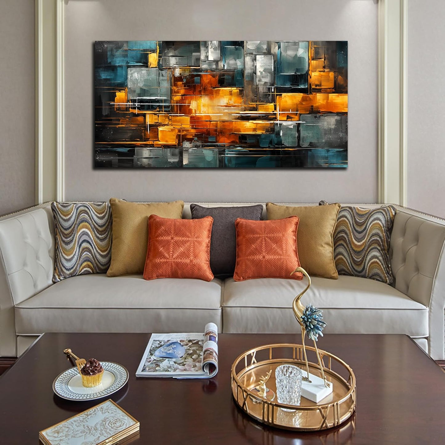 ENTANUB Abstract Wall Art for Living Room, Orange and Dark Green Canvas Wall Decor for Bedroom, Print Paintings Artwork, Size 29 x 59 Inches