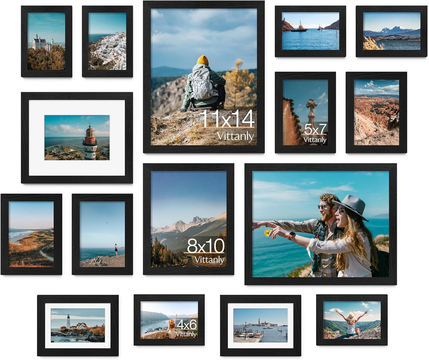 Vittanly 16 Pack Picture Frames, Gallery Wall Frame Set with 2Pcs 11x14, 2Pcs 8x10, 6Pcs 5x7 and 6Pcs 4x6 Photo Frames, Picture Frames Collage Wall Decor for Wall or Tabletop Display, Black