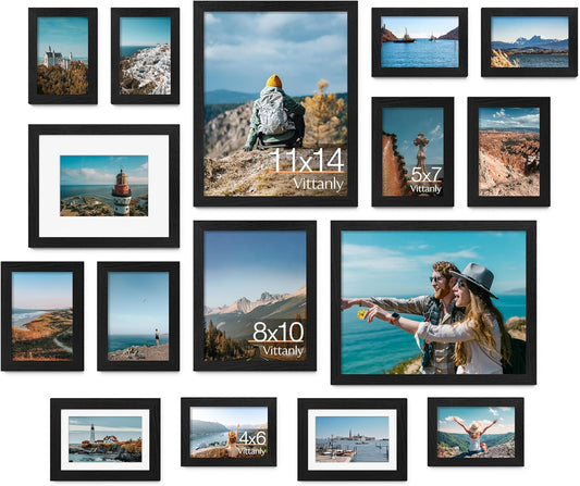 Vittanly 16 Pack Picture Frames, Gallery Wall Frame Set with 2Pcs 11x14, 2Pcs 8x10, 6Pcs 5x7 and 6Pcs 4x6 Photo Frames, Picture Frames Collage Wall Decor for Wall or Tabletop Display, Black