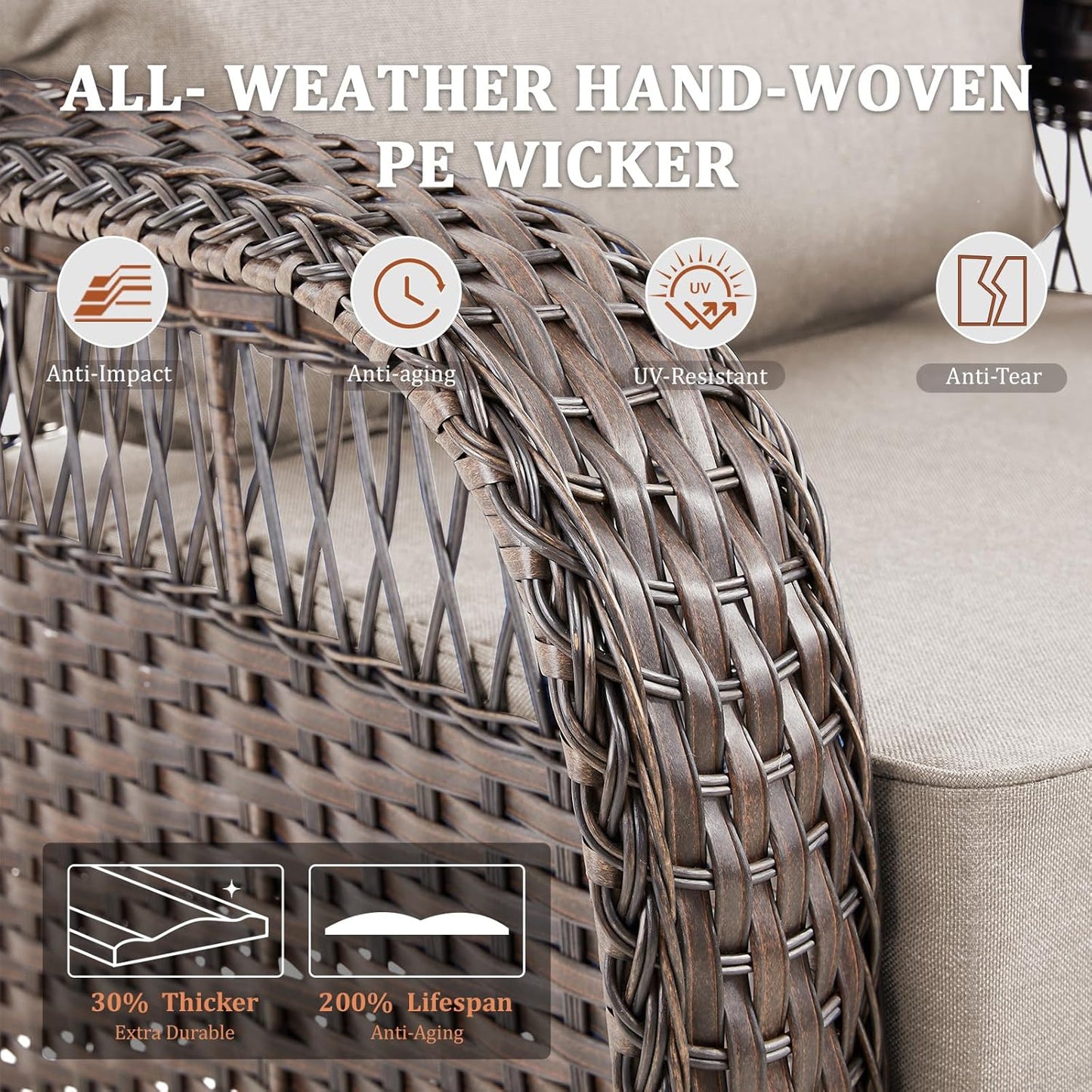 10 Pieces Patio Furniture Set Outdoor Sectional Sofa Couch with Rocking Swivel Chairs 5" Deep Seat Chairs, Modern Wicker Rattan Conversation Set, Beige/Brown Wicker