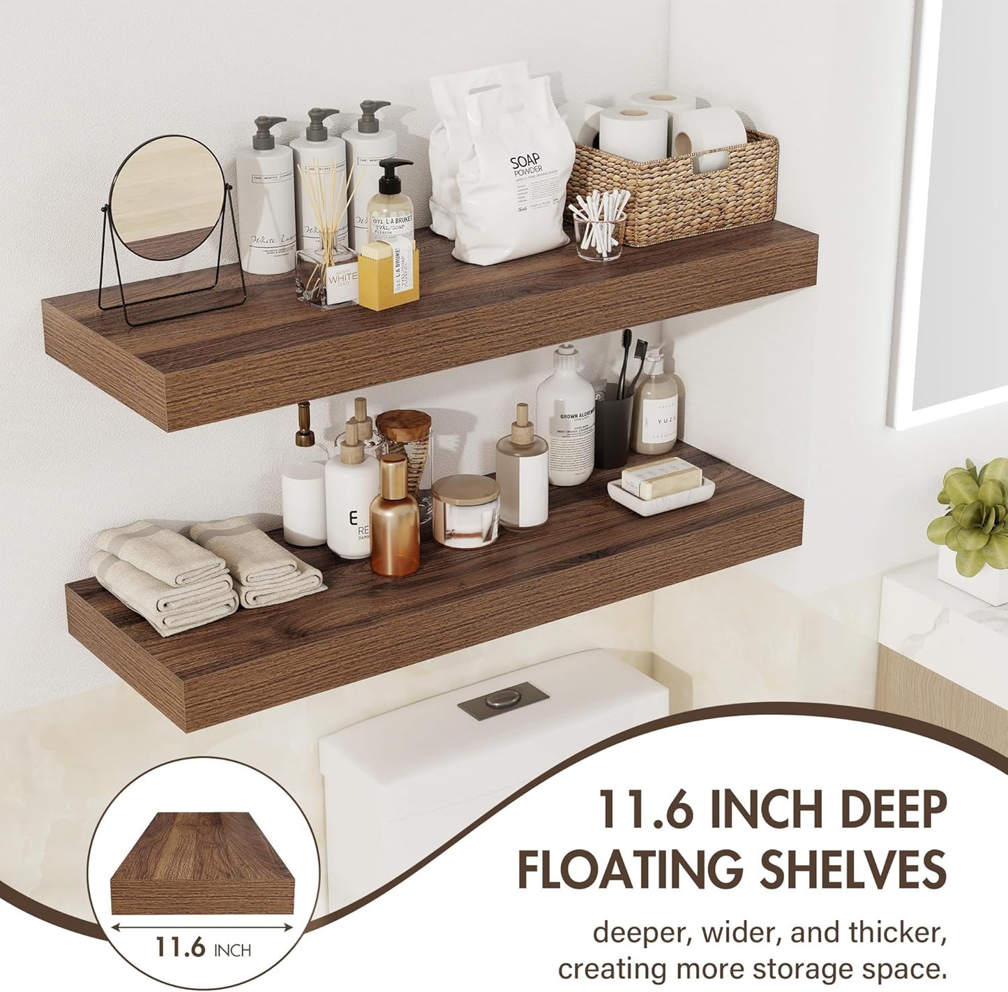 48 Inch Floating Shelves, 12" Deep Floating Shelf Wall Mounted, 48" Wall Shelves, Rustic Deep Bookshelf, Extra Deeper & Thicker Display Shelves for Bedroom, Living Room, Walnut, Set of 2